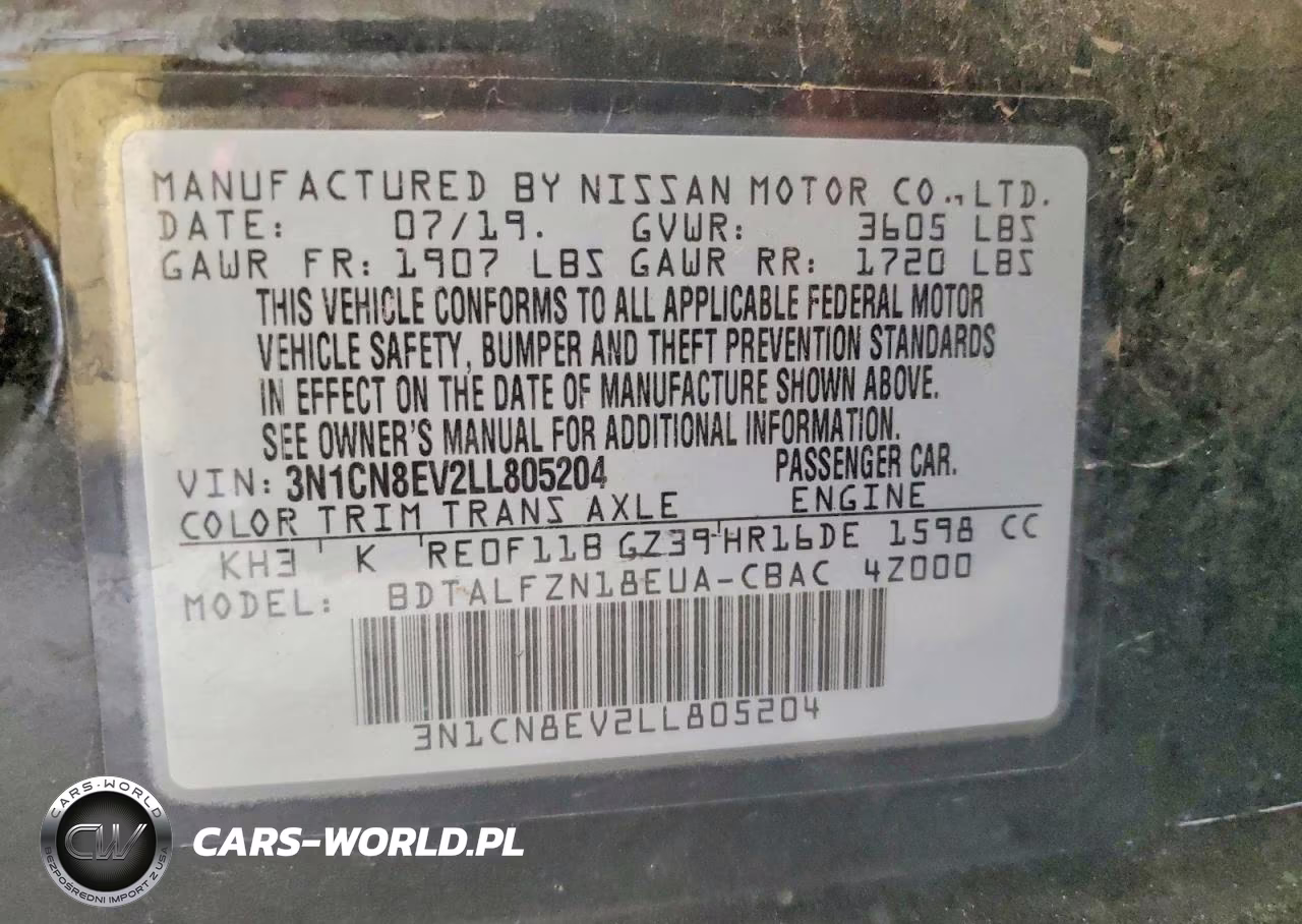 2020 Nissan Versa Sv VIN:3N1CN8EV2LL805204 - 12