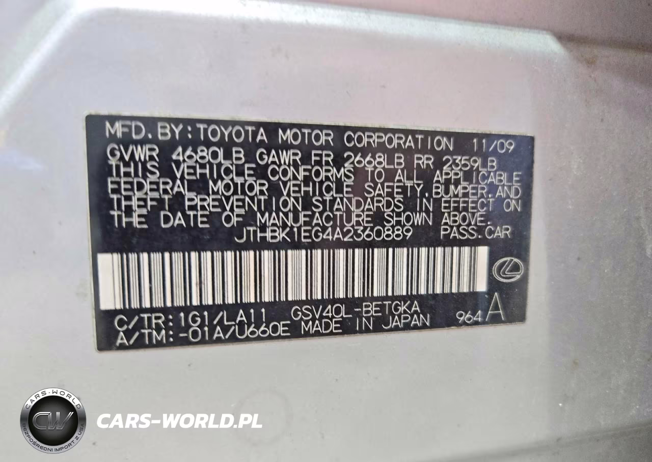 2010 Lexus Es350 VIN:JTHBK1EG4A2360889 - 12