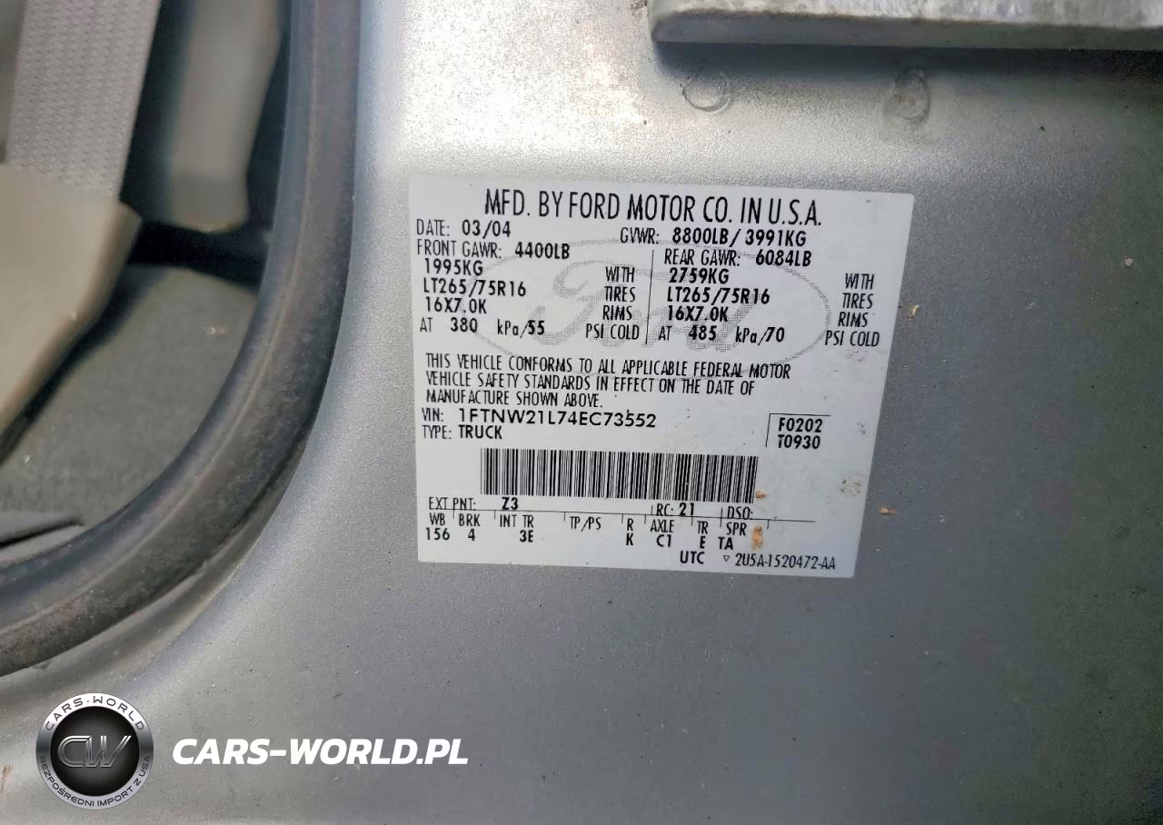 2004 Ford F250 Super Duty VIN:1FTNW21L74EC73552 - 12