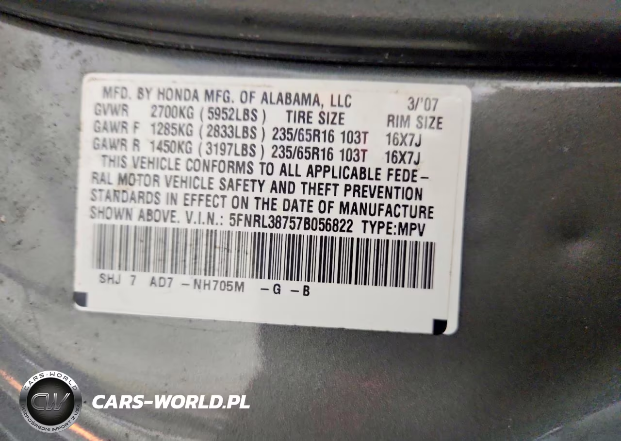 2007 Honda Odyssey Exl VIN:5FNRL38757B056822 - 13