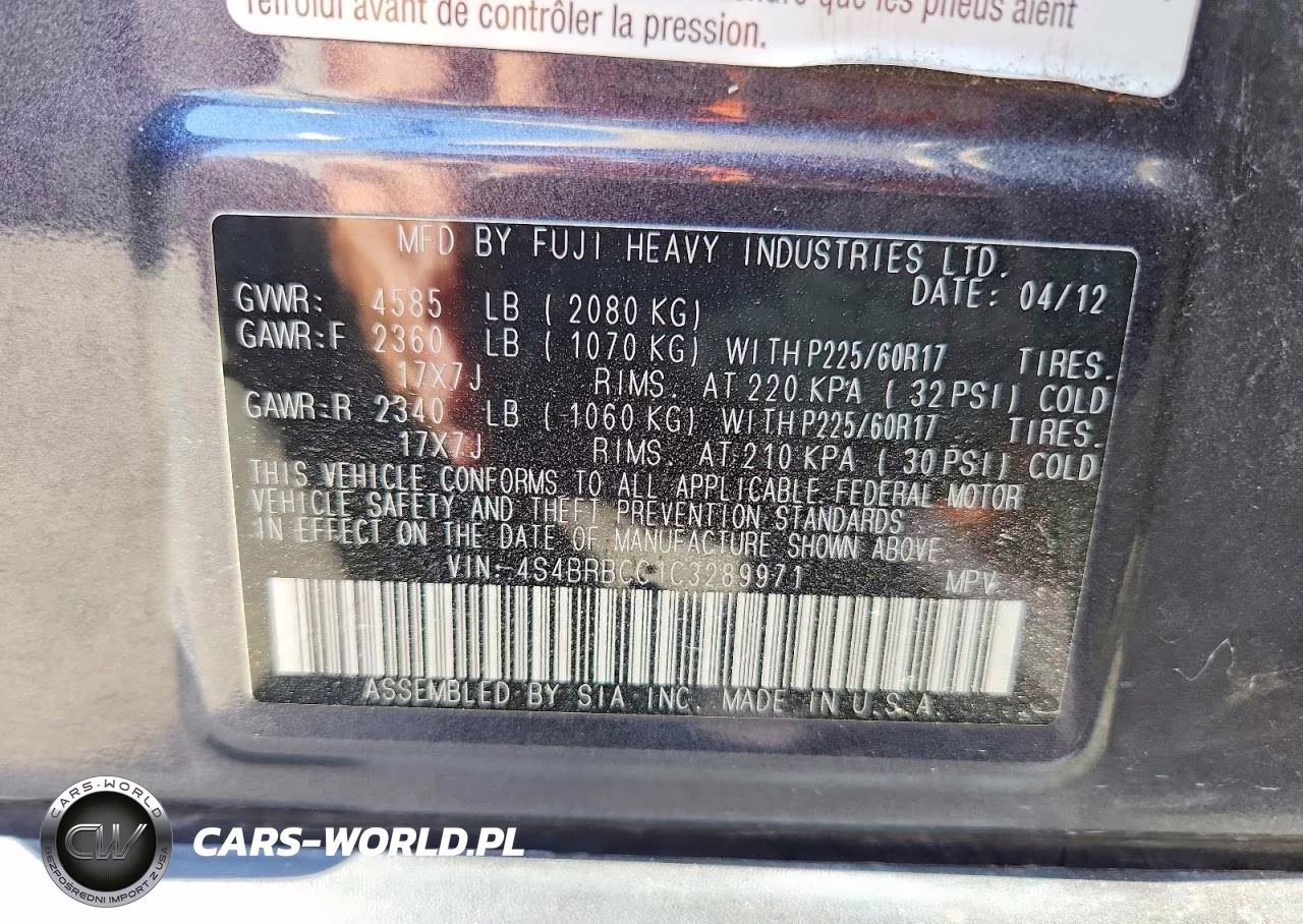2012 Subaru Outback 2.5I Premium VIN:4S4BRBCC1C3289971 - 13