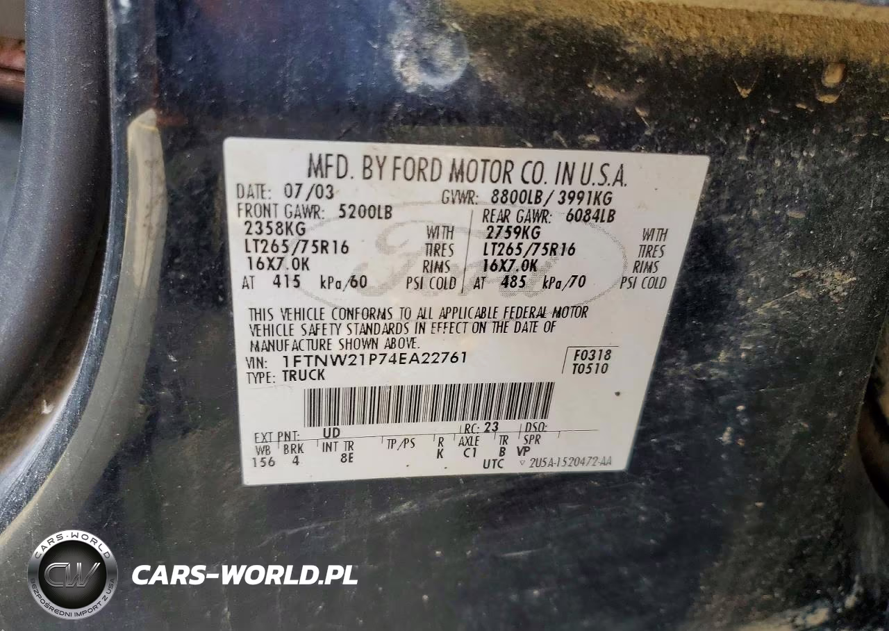 2004 Ford F250 Super Duty VIN:1FTNW21P74EA22761 - 13