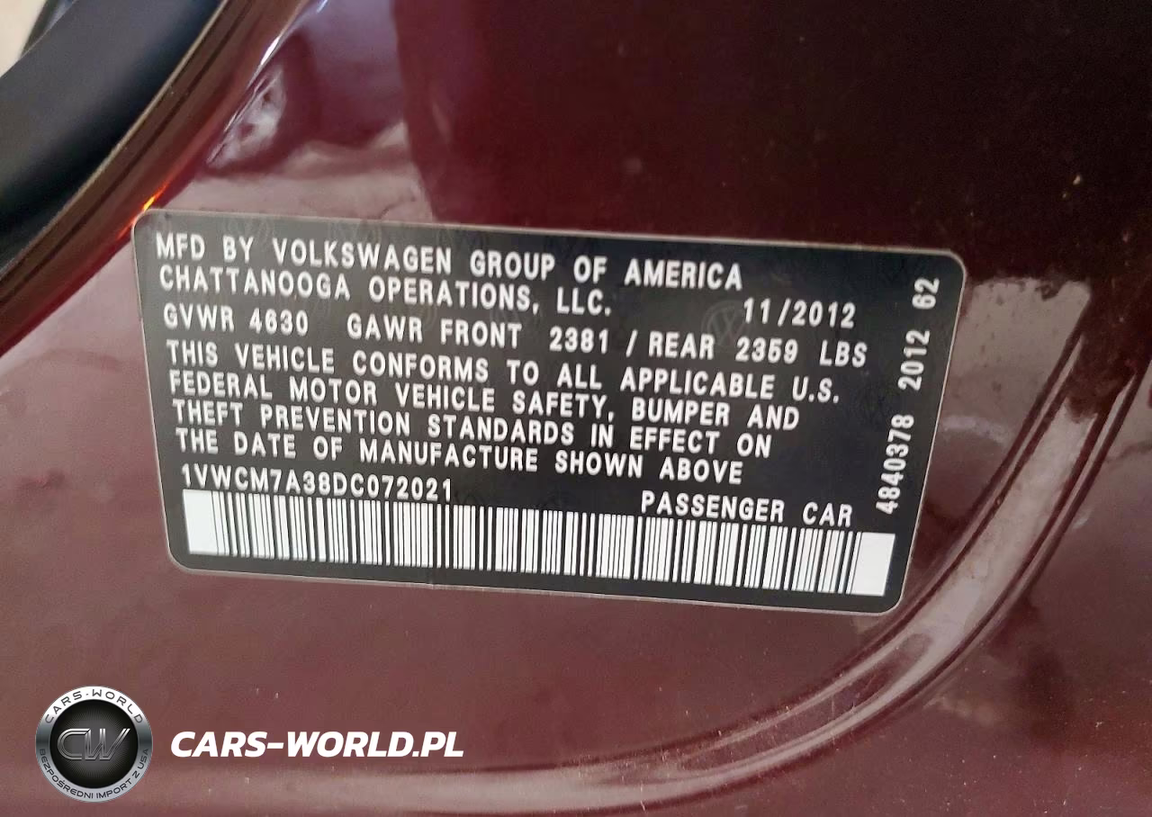 2013 Volkswagen Passat Sel VIN:1VWCM7A38DC072021 - 12