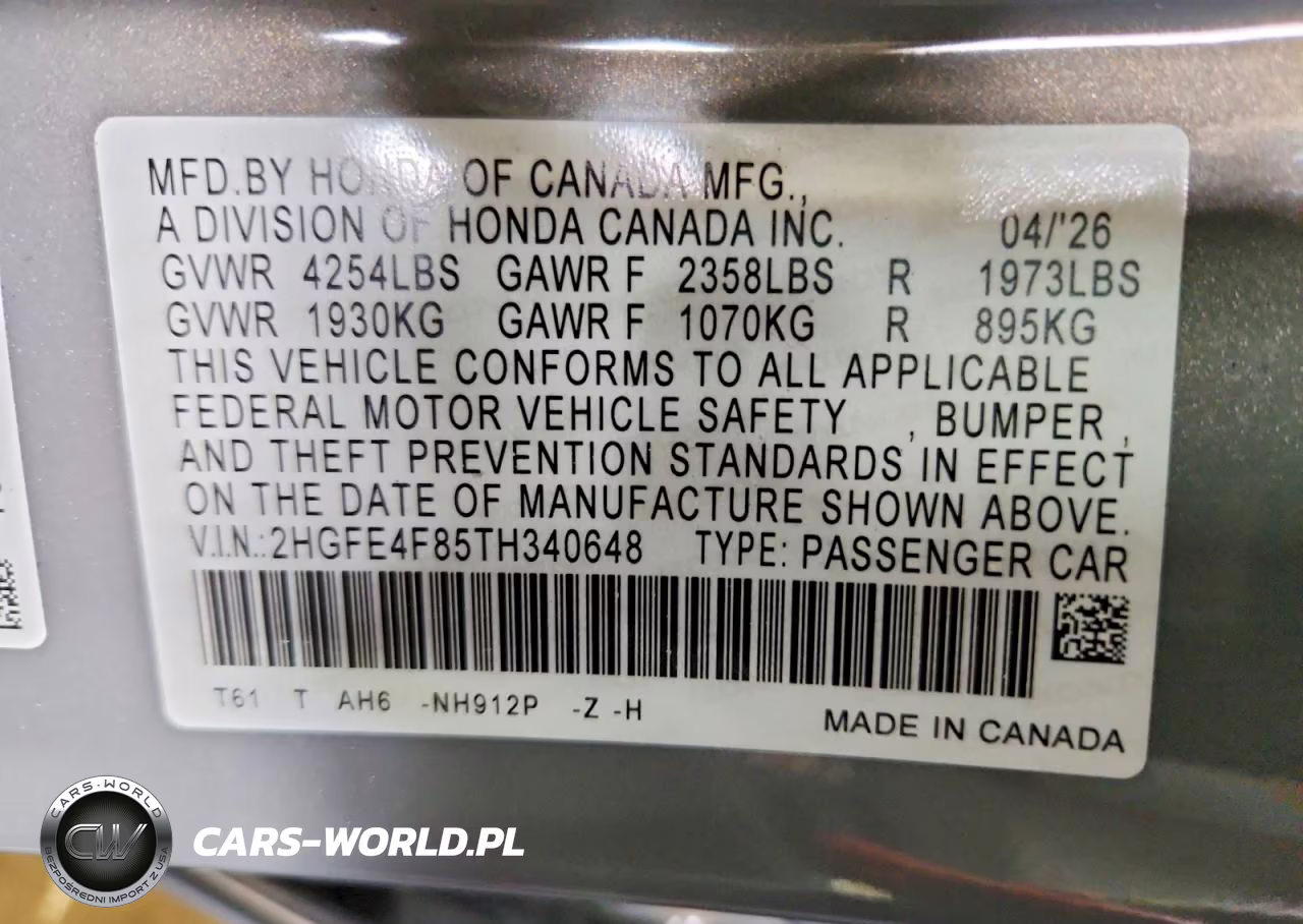 2026 Honda Civic Sport VIN:2HGFE4F85TH340648 - 13