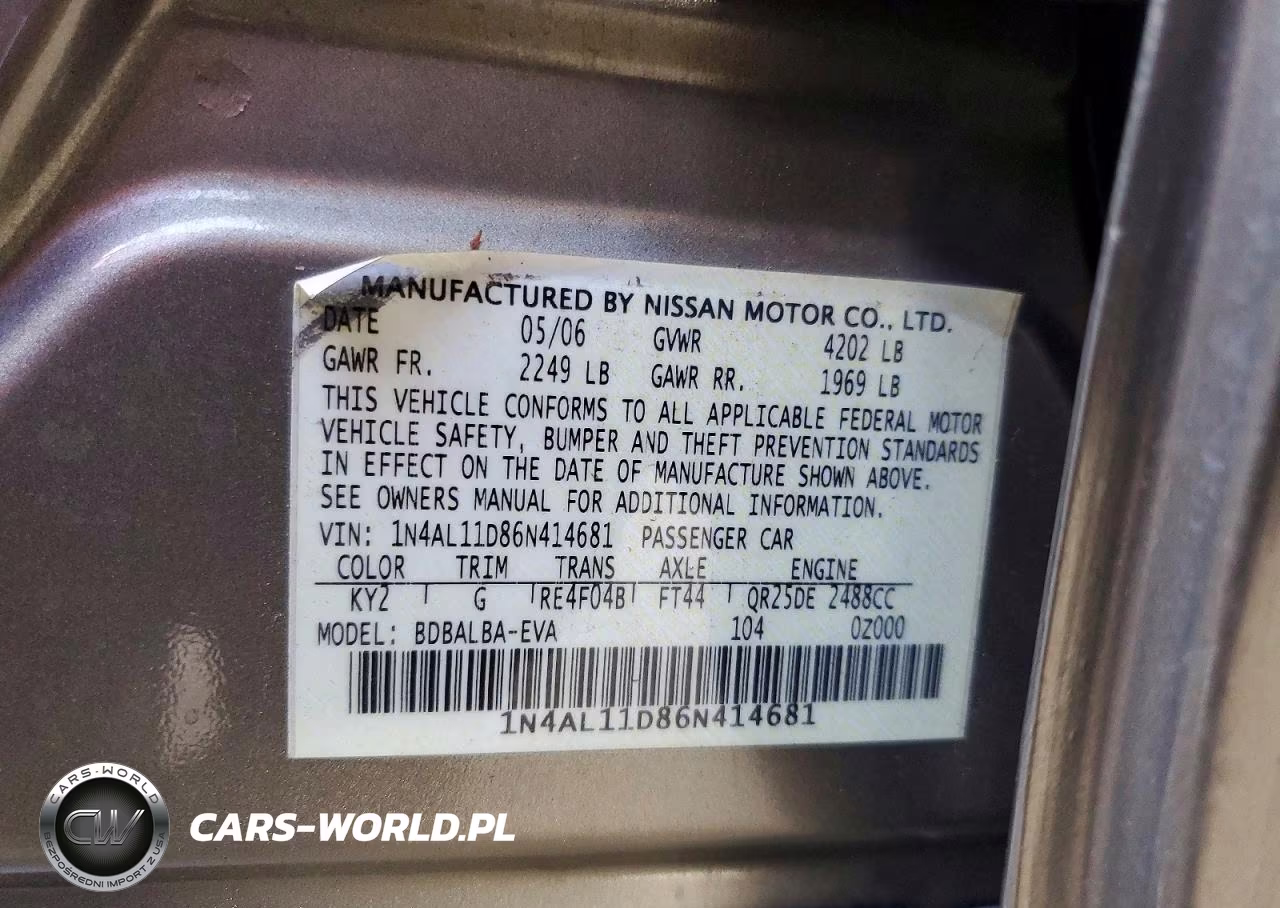 2006 Nissan Altima 2.5 VIN:1N4AL11D86N414681 - 13