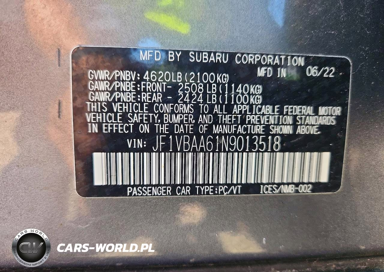 2022 Subaru Wrx VIN:JF1VBAA61N9013518 - 12