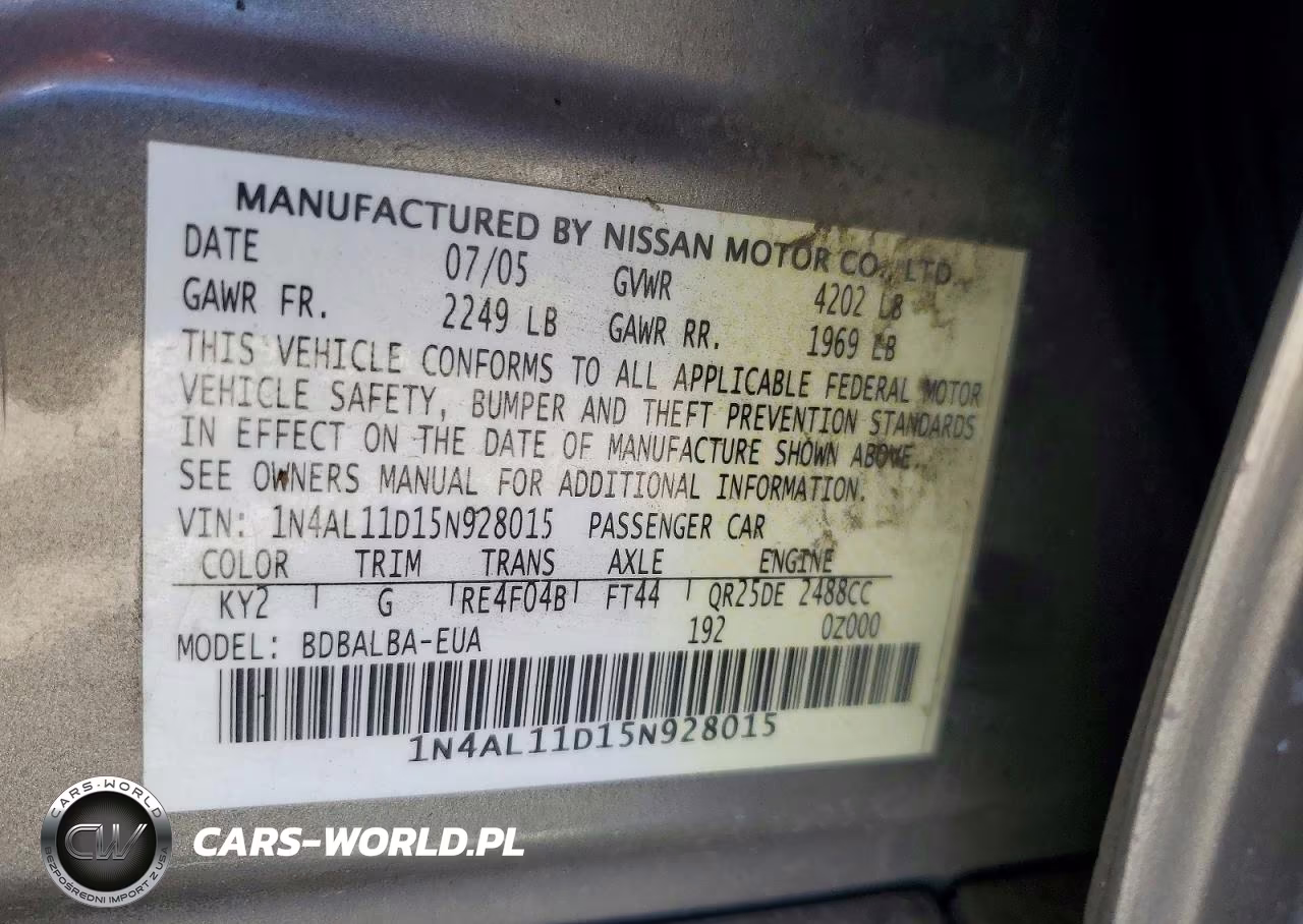 2005 Nissan Altima 2.5 VIN:1N4AL11D15N928015 - 13