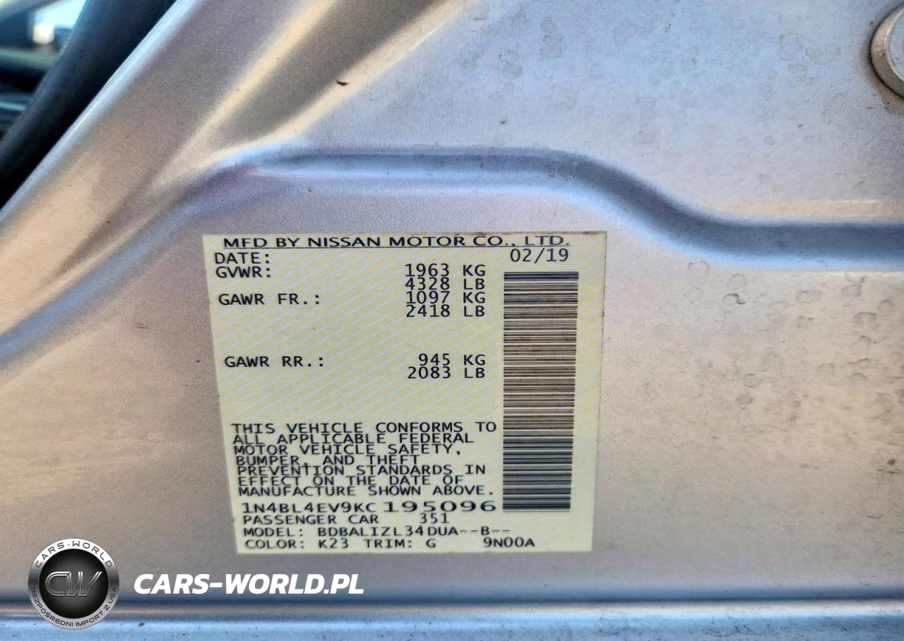 2019 Nissan Altima Sl VIN:1N4BL4EV9KC195096 - 12