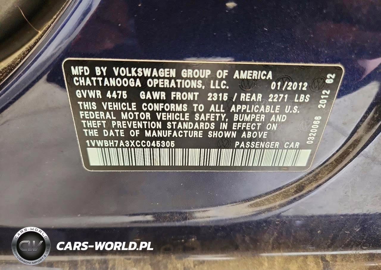 2012 Volkswagen Passat Se VIN:1VWBH7A3XCC045305 - 12