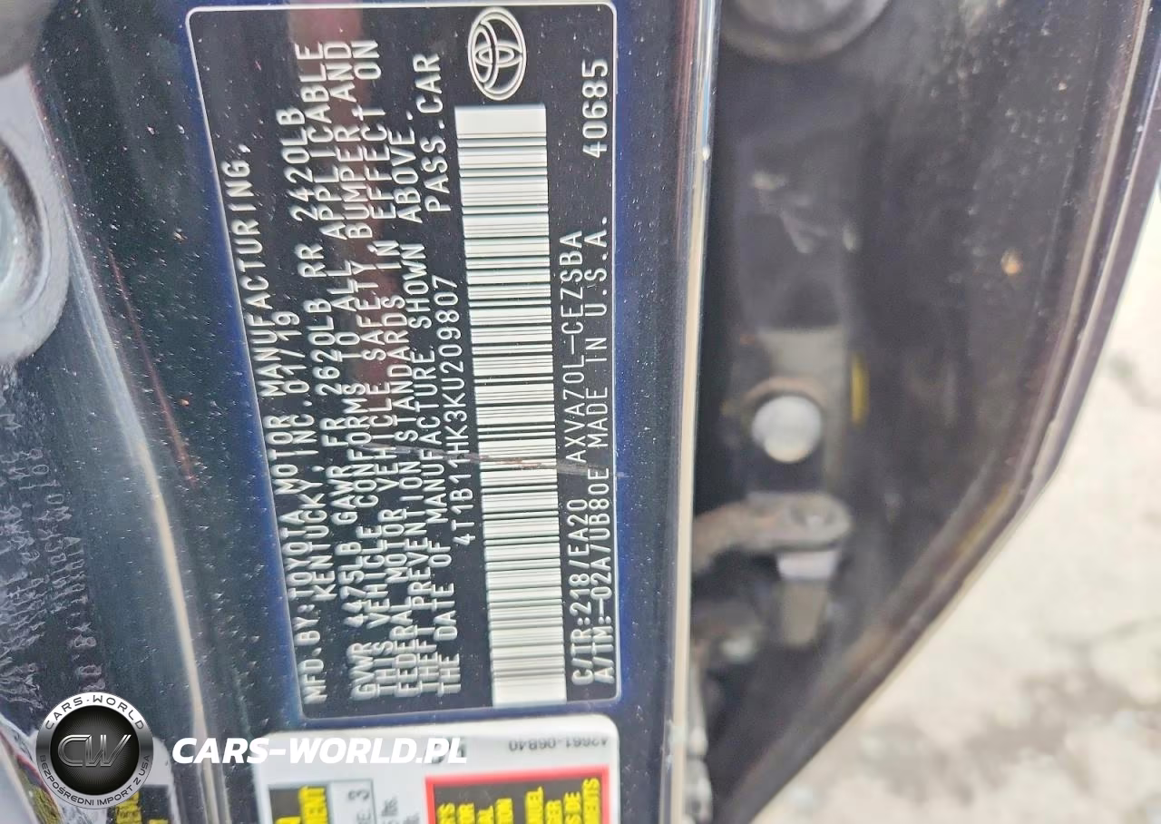 2019 Toyota Camry L VIN:4T1B11HK3KU209807 - 12