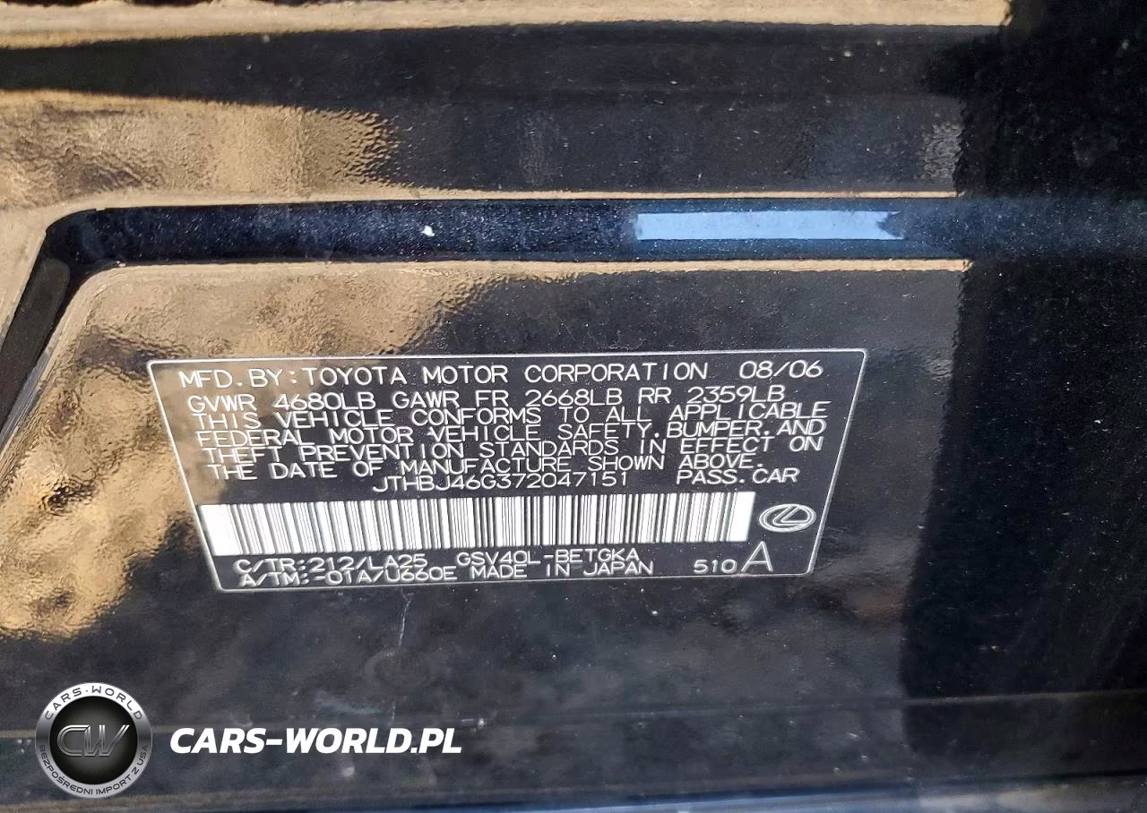 2007 Lexus Es 350 VIN:JTHBJ46G372047151 - 12