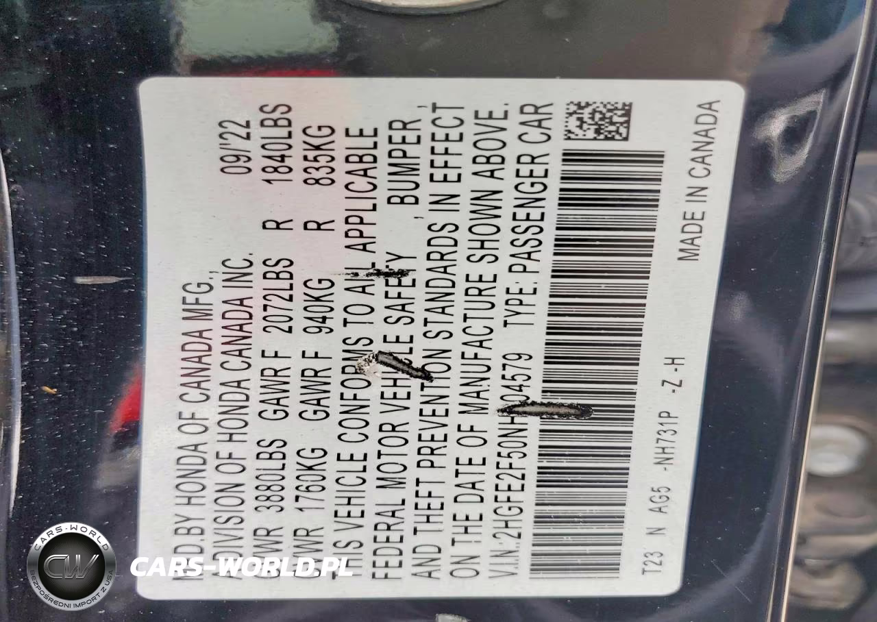 2022 Honda Civic Sport VIN:2HGFE2F50NH604579 - 12