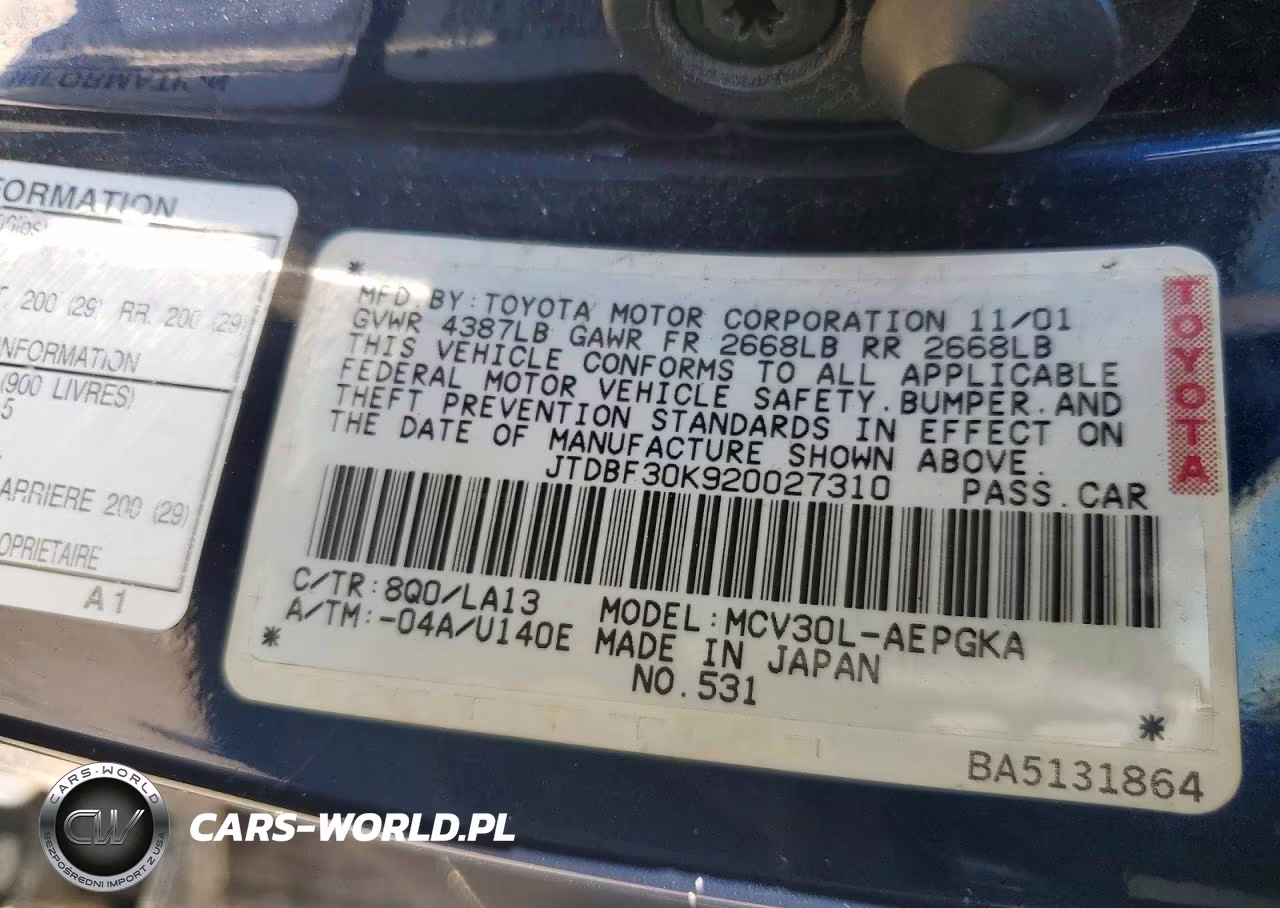 2002 Toyota Camry Xle V6 VIN:JTDBF30K920027310 - 12