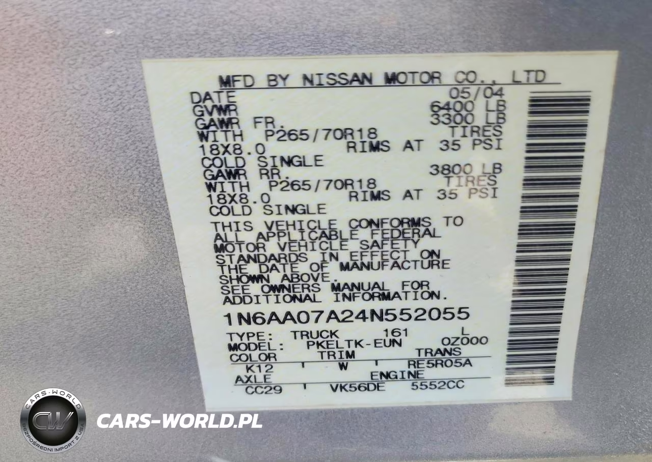 2004 Nissan Titan Xe VIN:1N6AA07A24N552055 - 12