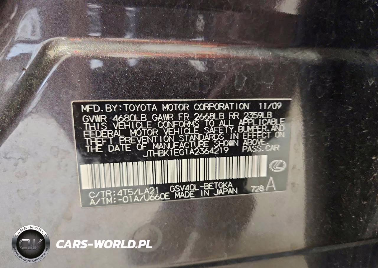 2010 Lexus Es 350 VIN:JTHBK1EG1A2364219 - 12