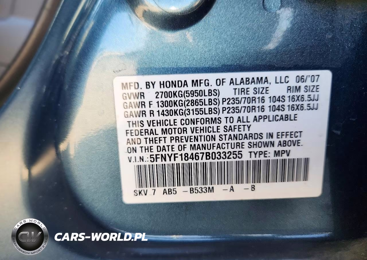 2007 Honda Pilot Ex VIN:5FNYF18467B033255 - 14