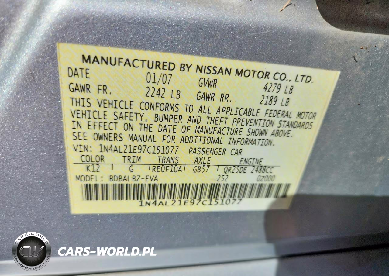 2007 Nissan Altima 2.5 VIN:1N4AL21E97C151077 - 12