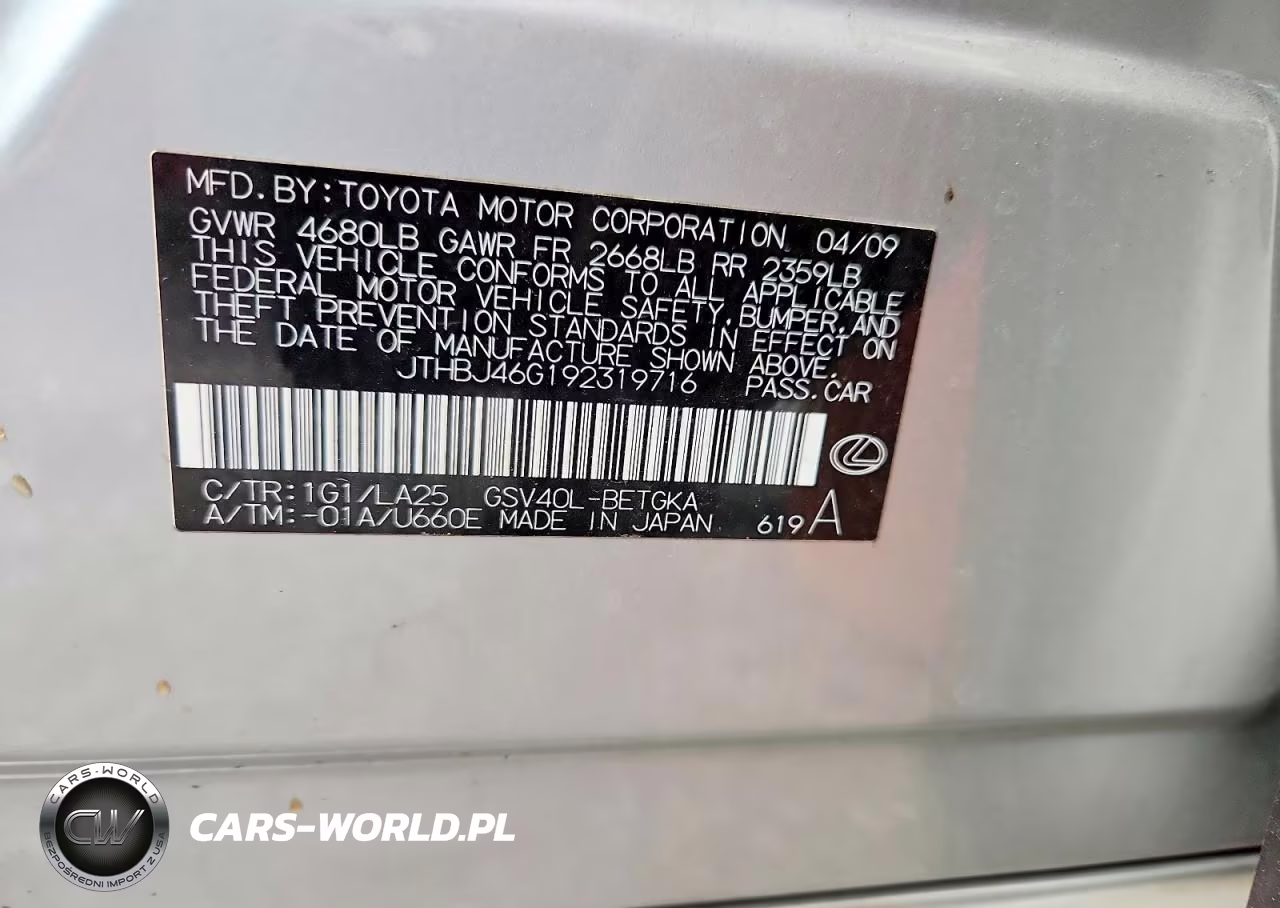 2009 Lexus Es 350 VIN:JTHBJ46G192319716 - 12