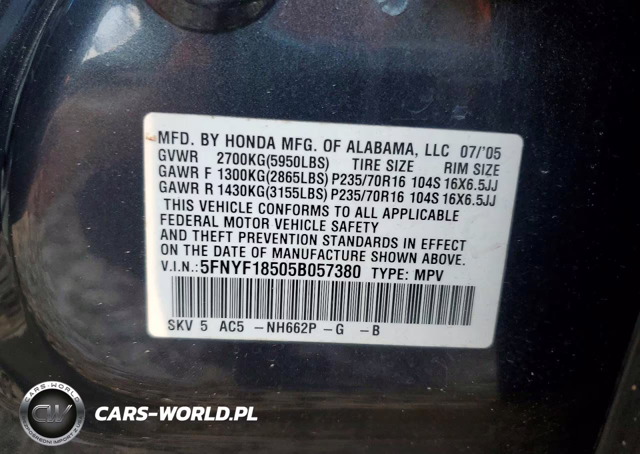 2005 Honda Pilot Exl VIN:5FNYF18505B057380 - 13