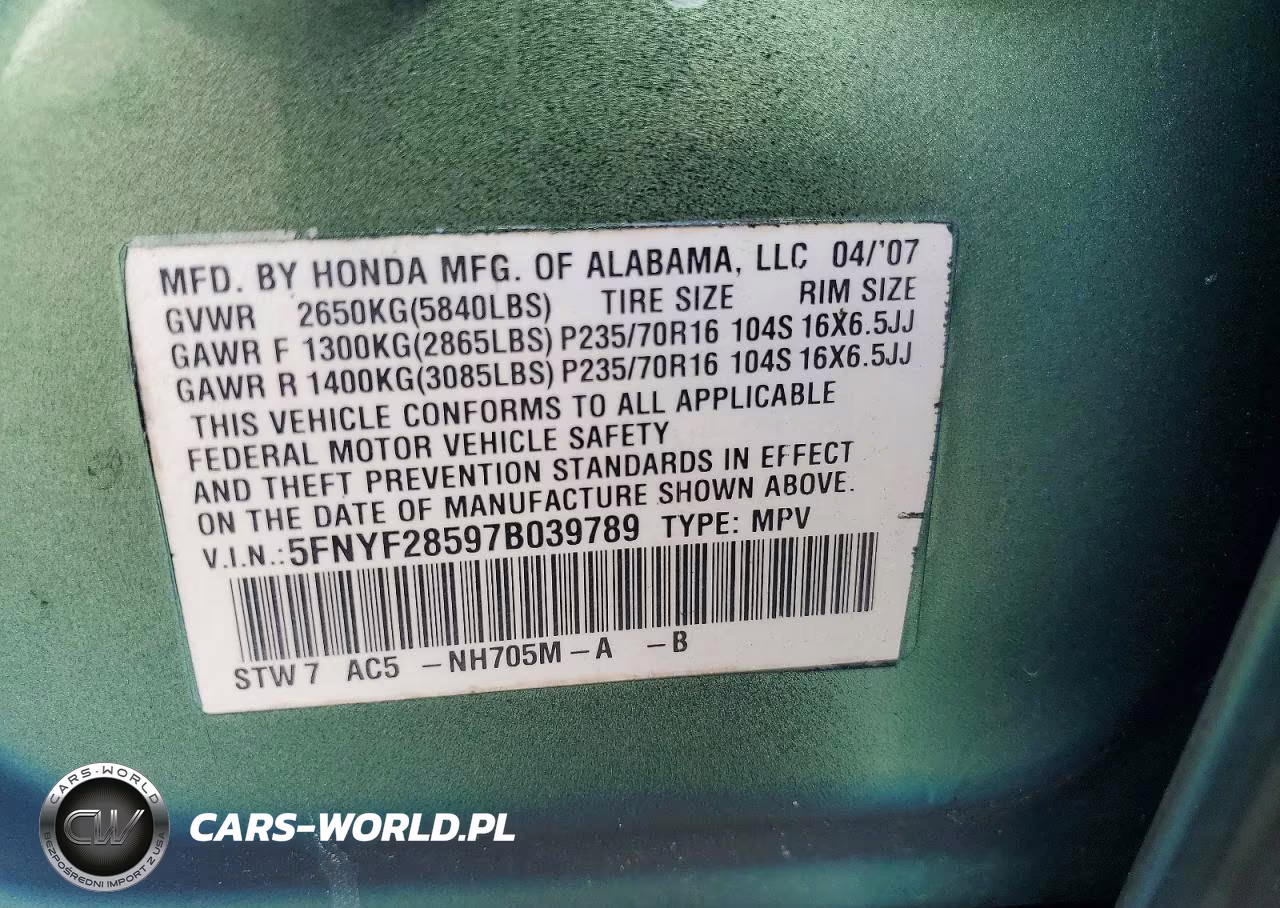 2007 Honda Pilot Exl VIN:5FNYF28597B039789 - 12