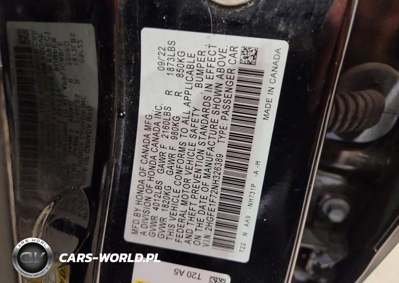 2022 Honda Civic Ex VIN:2HGFE1F72NH326389 - 13