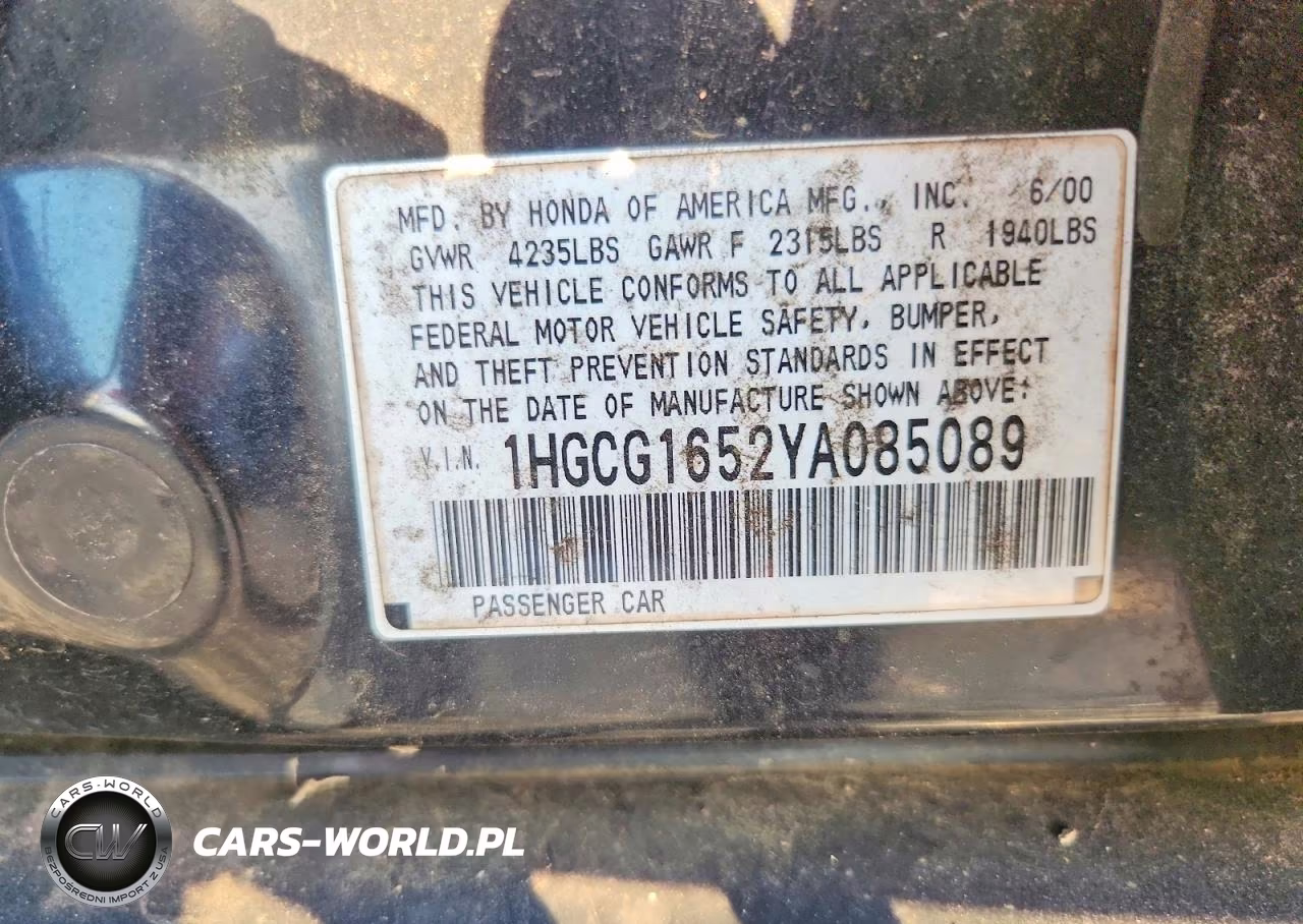 2000 Honda Accord Ex VIN:1HGCG1652YA085089 - 12