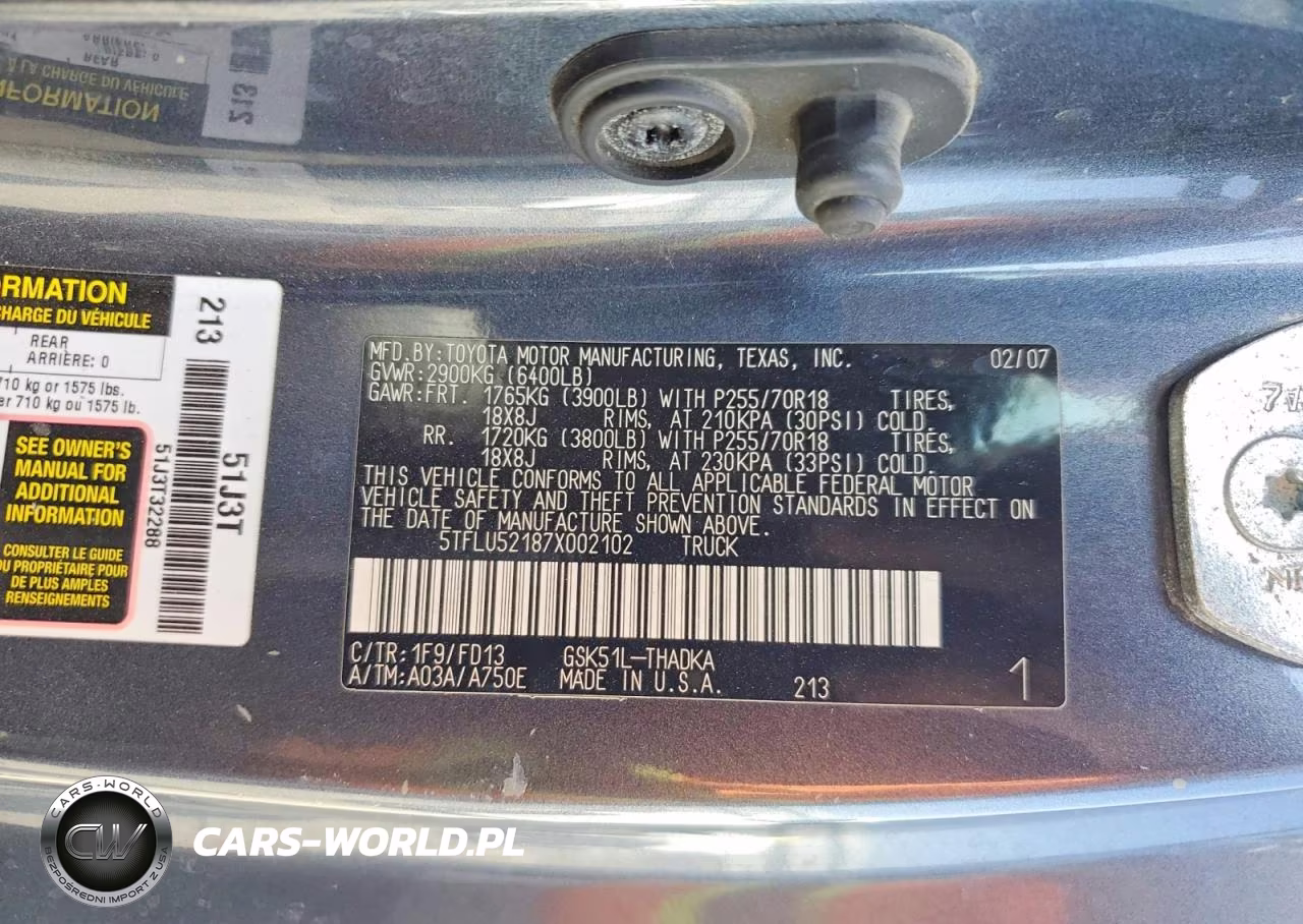2007 Toyota Tundra Base VIN:5TFLU52187X002102 - 13