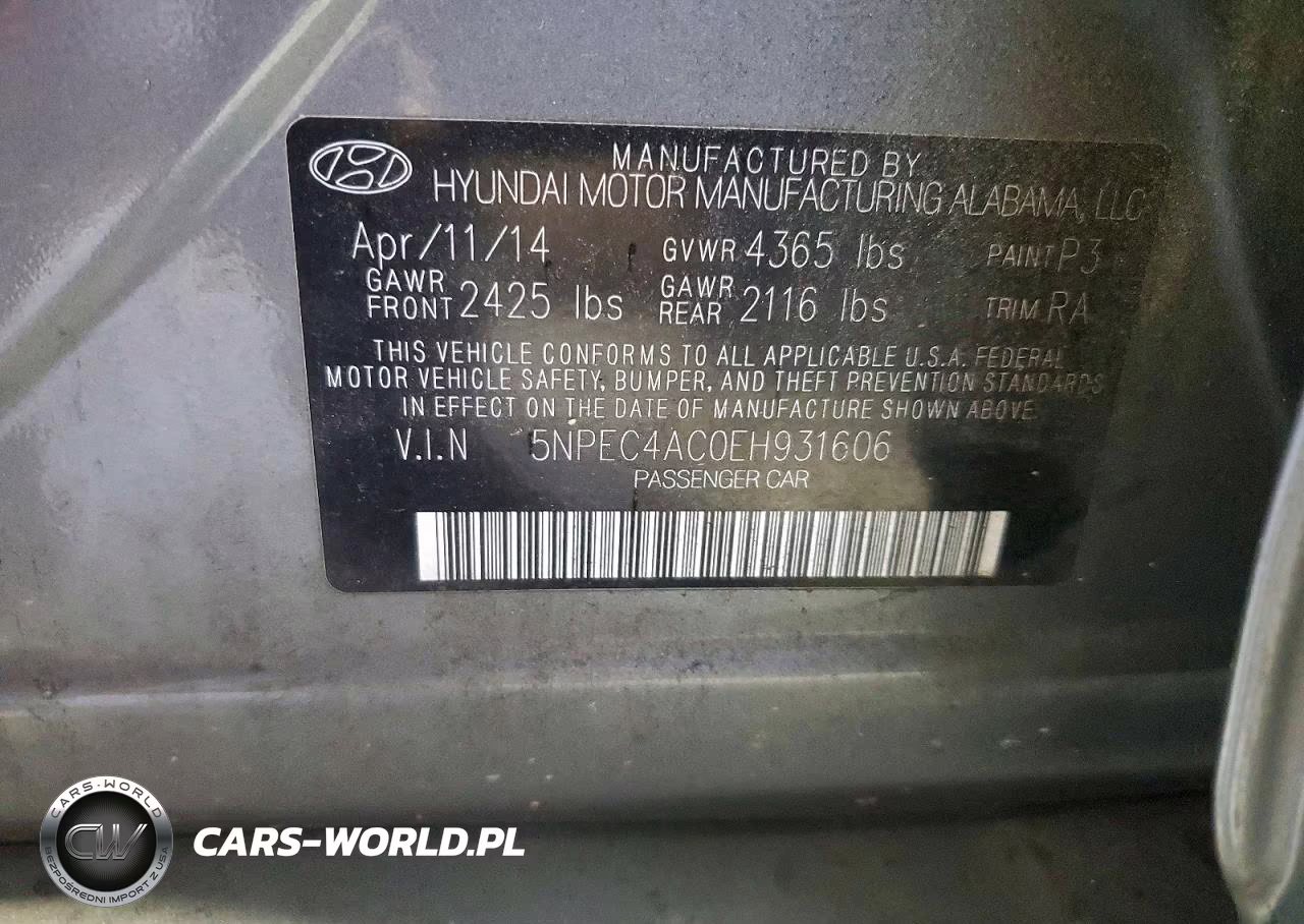 2014 Hyundai Sonata Se VIN:5NPEC4AC0EH931606 - 12