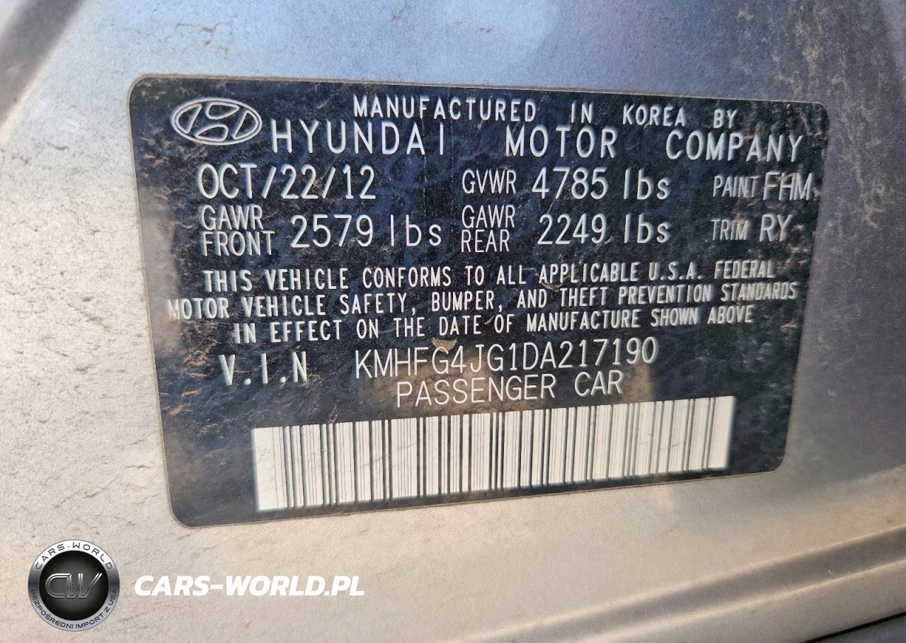 2013 Hyundai Azera Base VIN:KMHFG4JG1DA217190 - 12