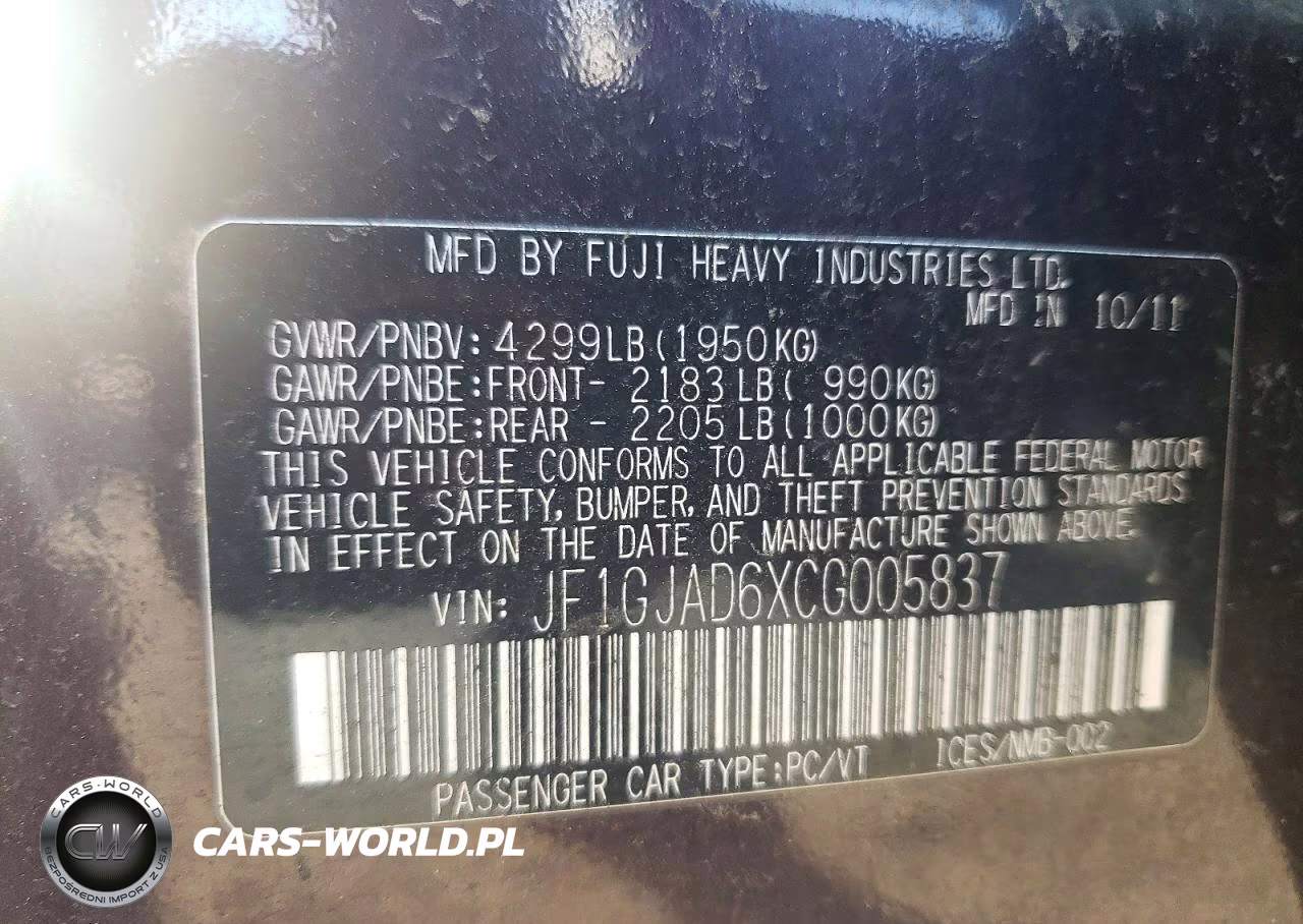 2012 Subaru Impreza Premium VIN:JF1GJAD6XCG005837 - 12