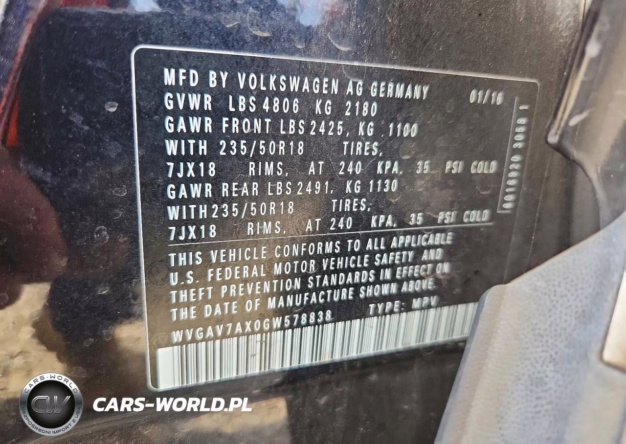 2016 Volkswagen Tiguan S VIN:WVGAV7AX0GW578838 - 13