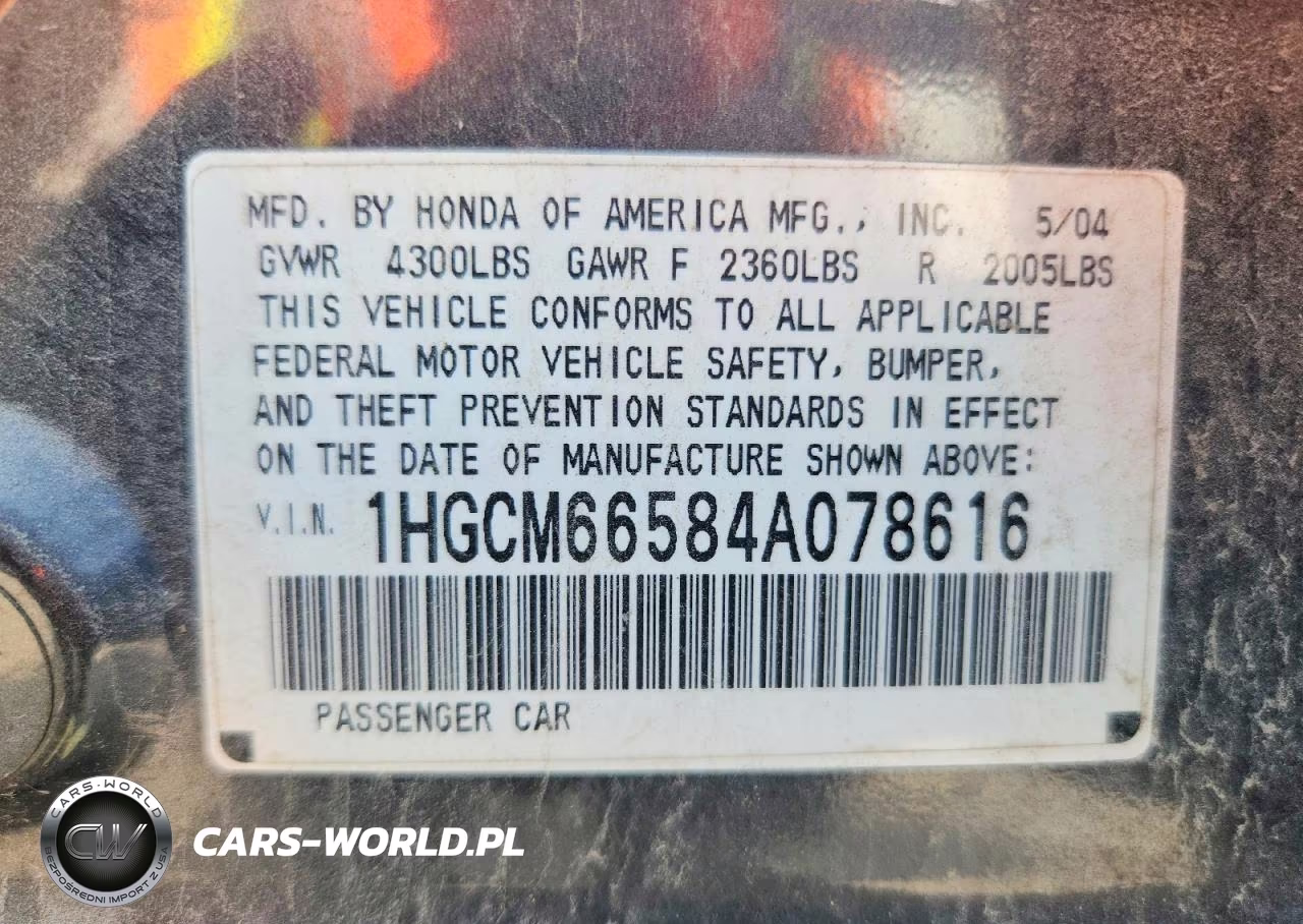 2004 Honda Accord VIN:1HGCM66584A078616 - 12