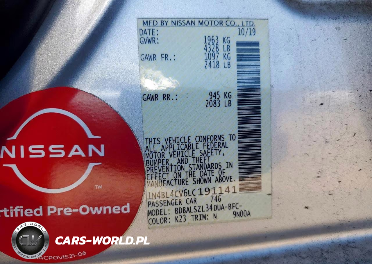 2020 Nissan Altima Sr VIN:1N4BL4CV6LC191141 - 12