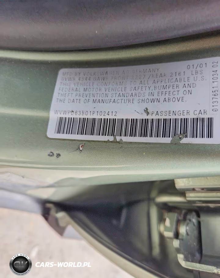 2001 Volkswagen Passat Gls VIN:WVWPD63B01P102412 - 12