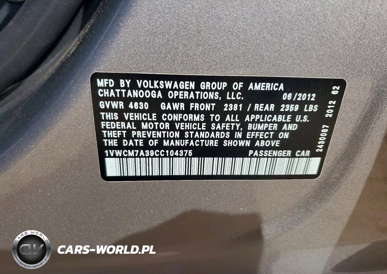 2012 Volkswagen Passat Sel VIN:1VWCM7A39CC104375 - 12