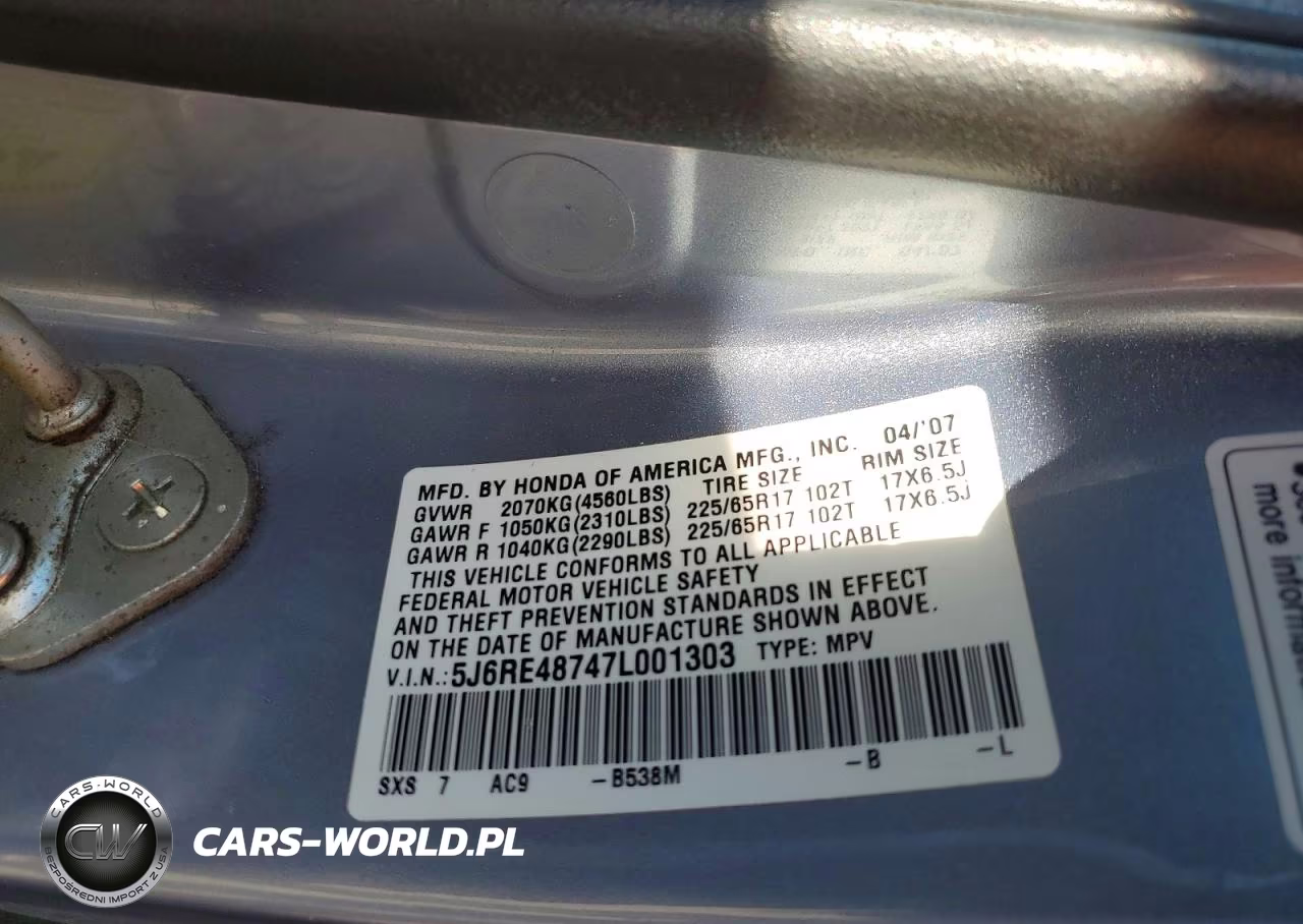 2007 Honda Cr-V Exl VIN:5J6RE48747L001303 - 13