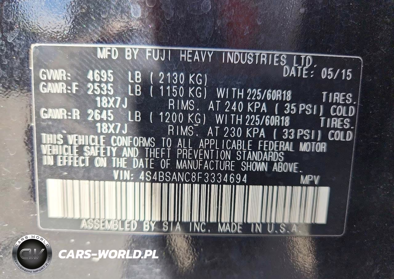 2015 Subaru Outback 2.5I Limited VIN:4S4BSANC8F3334694 - 14
