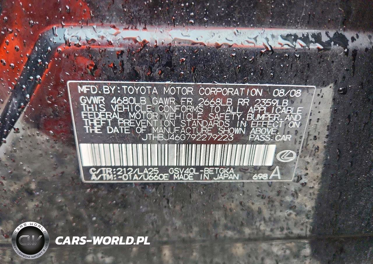 2009 Lexus Es 350 VIN:JTHBJ46G792279223 - 12