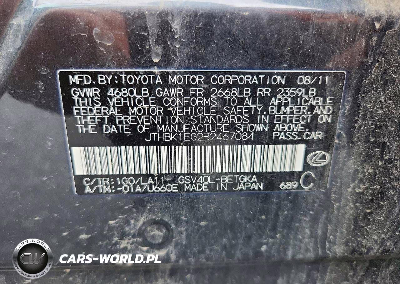 2011 Lexus Es 350 VIN:JTHBK1EG2B2467084 - 12
