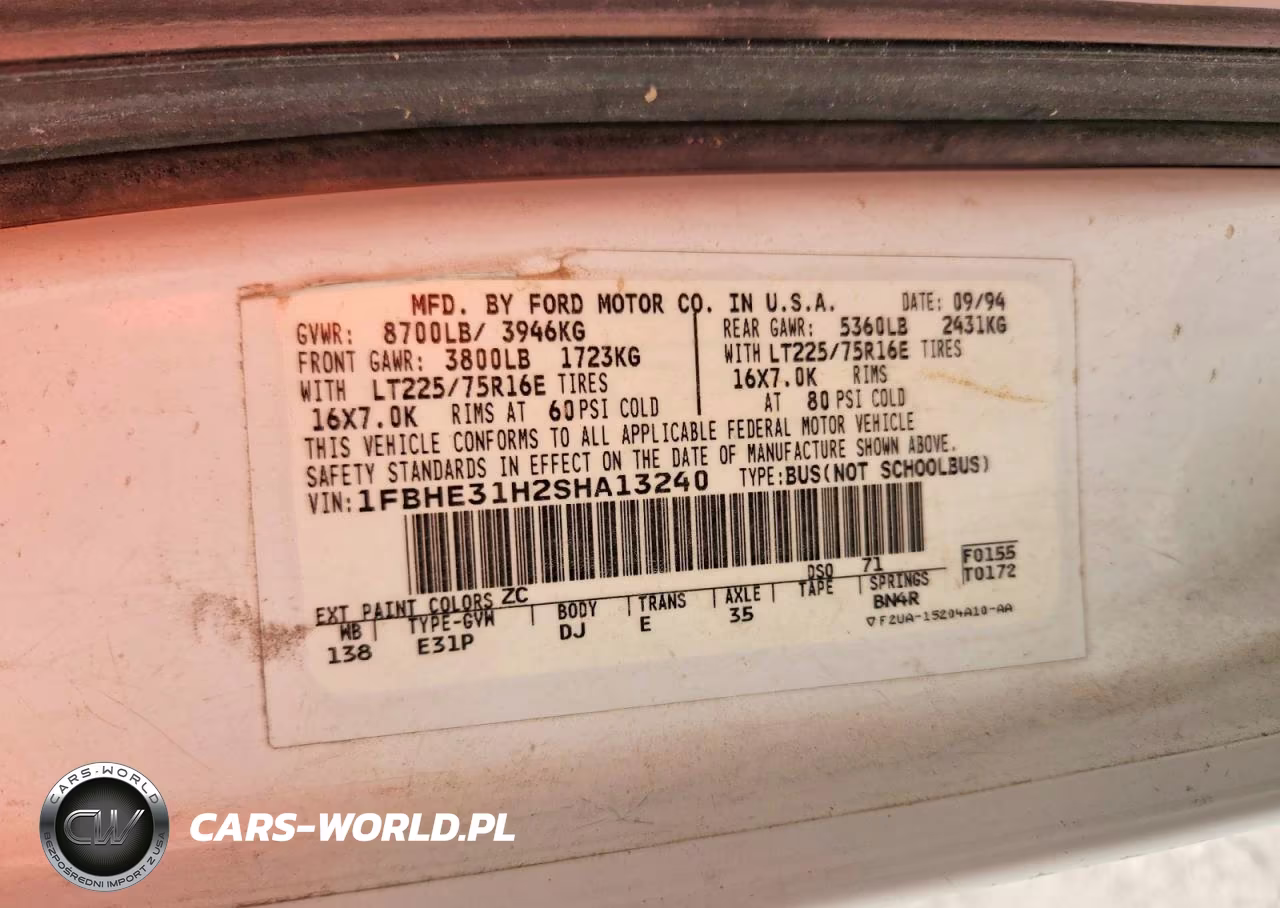 1995 Ford Econo E150 VIN:1FBHE31H2SHA13240 - 13