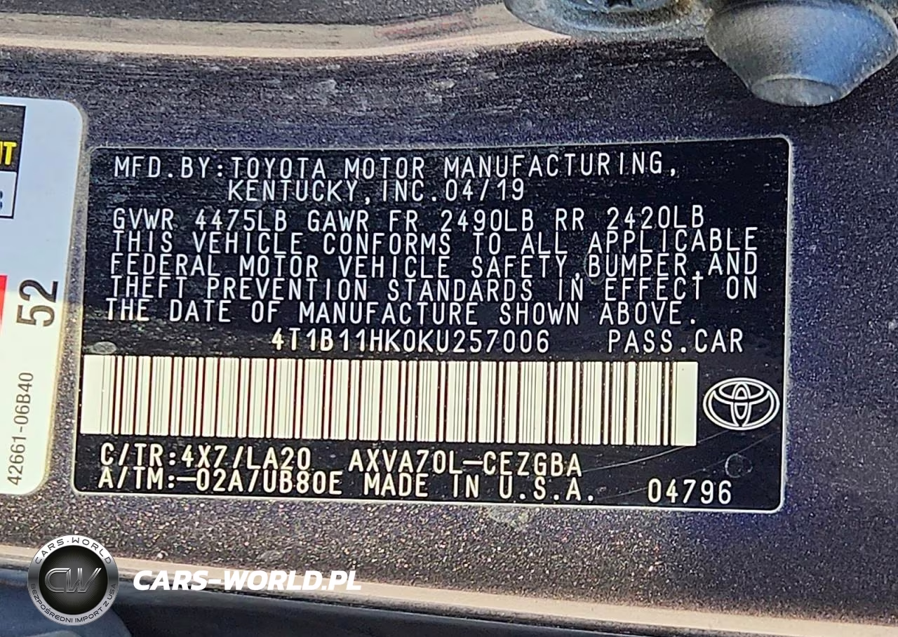 2019 Toyota Camry Xle VIN:4T1B11HK0KU257006 - 12