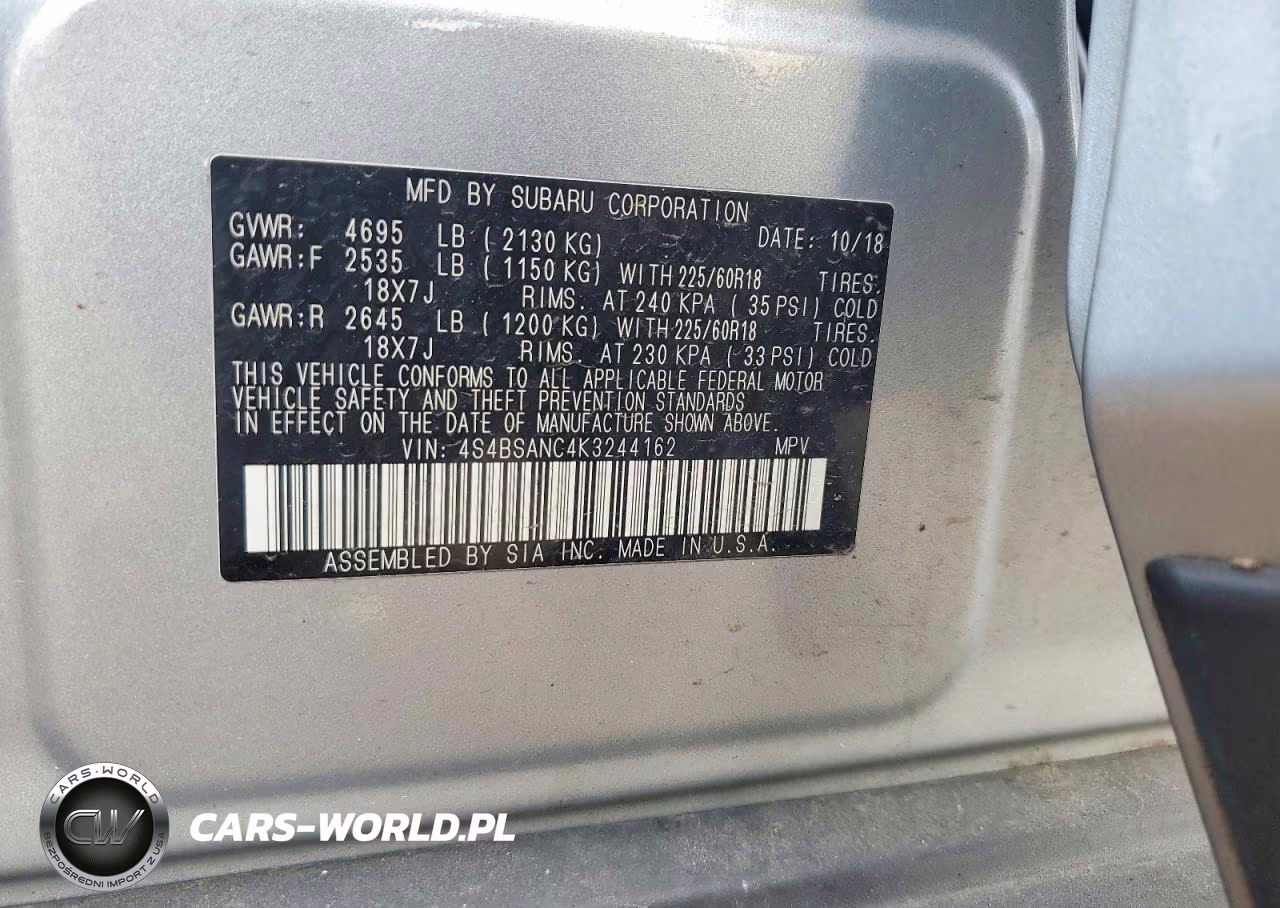 2019 Subaru Outback 2.5I Limited VIN:4S4BSANC4K3244162 - 13