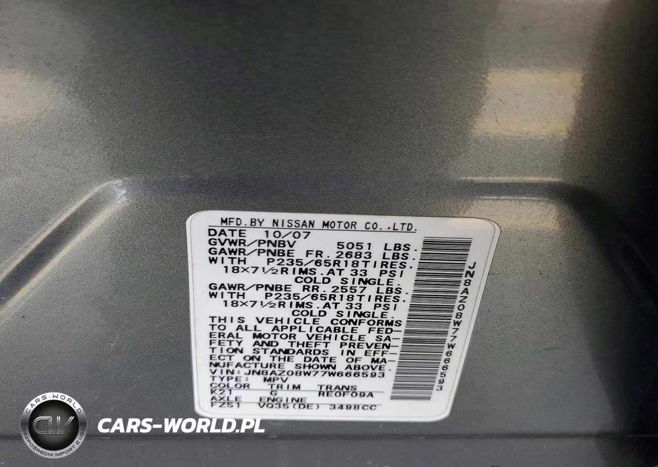 2007 Nissan Murano S VIN:JN8AZ08W77W666593 - 13