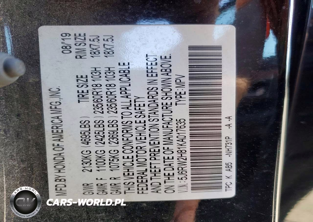 2019 Honda Cr-V Exl VIN:5J6RW2H81KA017635 - 13