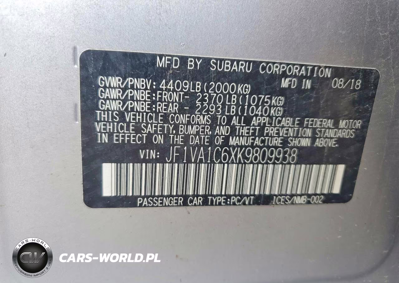 2019 Subaru Wrx Premium VIN:JF1VA1C6XK9809938 - 12