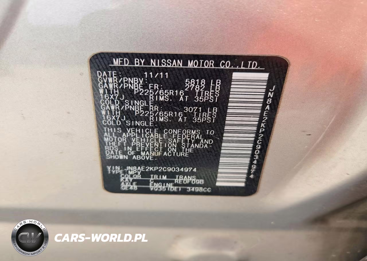 2012 Nissan Quest 3.5 S VIN:JN8AE2KP2C9034974 - 13
