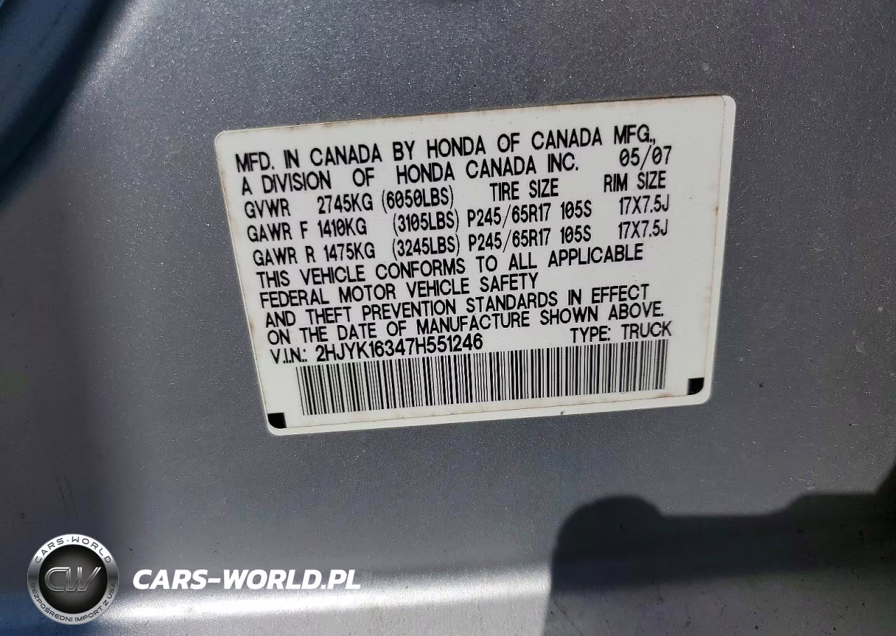 2007 Honda Ridgeline Rtx VIN:2HJYK16347H551246 - 12