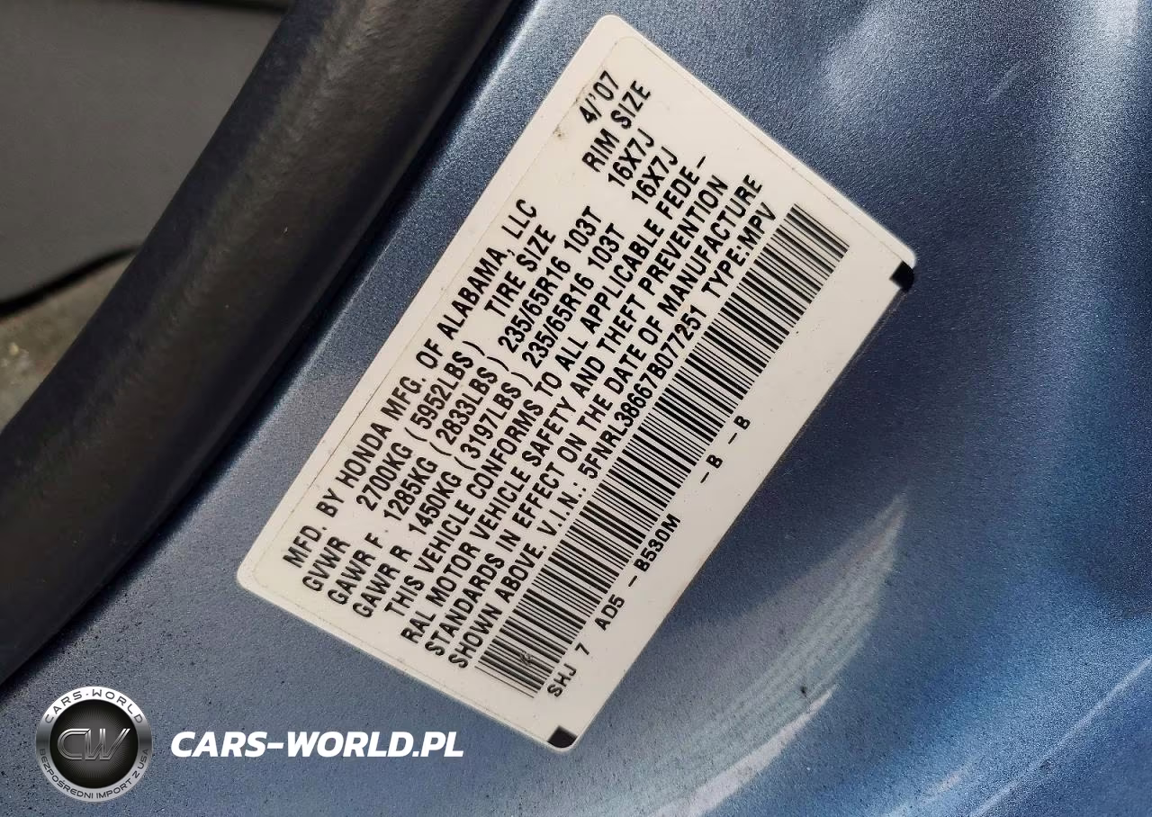 2007 Honda Odyssey Exl VIN:5FNRL38667B077251 - 13