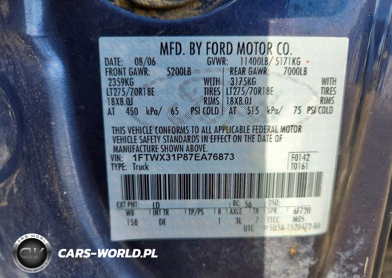 2007 Ford F350 Srw Super Duty VIN:1FTWX31P87EA76873 - 12
