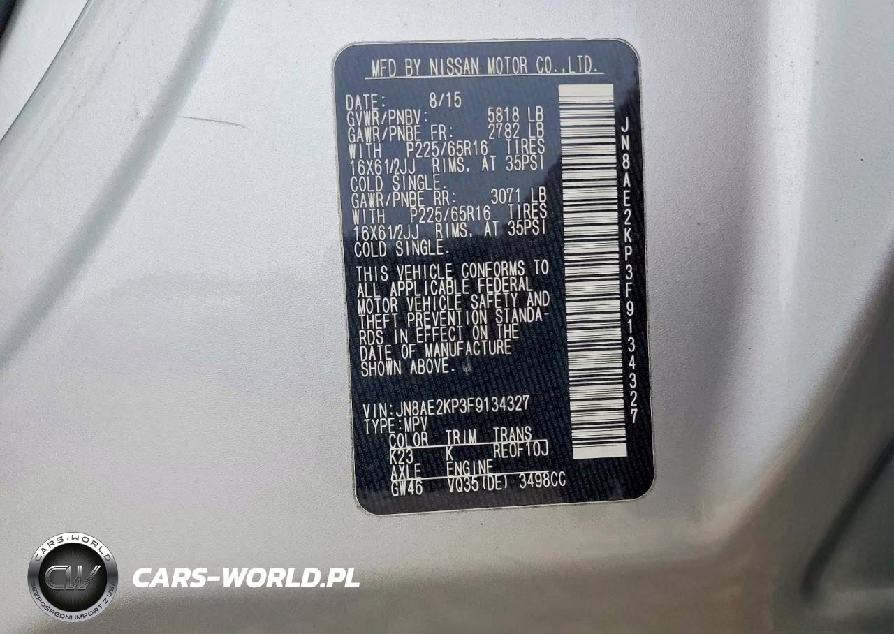 2015 Nissan Quest 3.5 S VIN:JN8AE2KP3F9134327 - 13